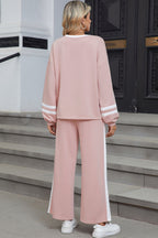 Pink Varsity Stripe Patchwork Puff Sleeve Pullover Drawstring Wide Leg Pant Set