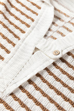 Khaki Stripe Buttoned V Neck Textured Hooded Plus Size Top