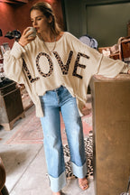 Parchment Oversize Leopard LOVE Patched Graphic Round Neck Casual Sweatshirt
