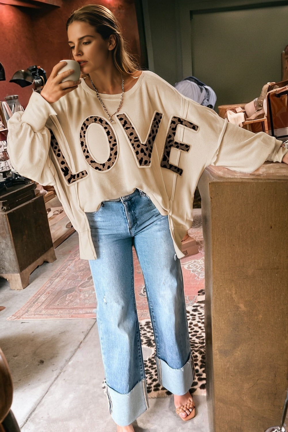 Parchment Oversize Leopard LOVE Patched Graphic Round Neck Casual Sweatshirt