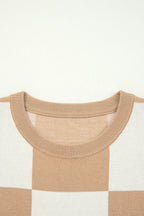 Light French Beige Checkered Pattern Loose Drop Shoulder Half Sleeve Sweater