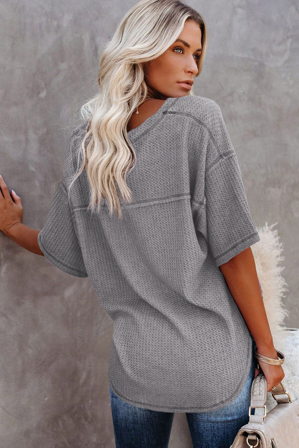 Purple Exposed Seam Half Sleeve Knitted V Neck Textured Top