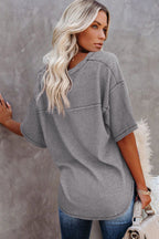 Purple Exposed Seam Half Sleeve Knitted V Neck Textured Top