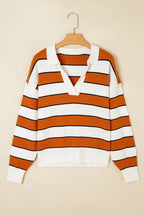 Brown Stripe Ribbed Polo Collar Drop Shoulder Sweater