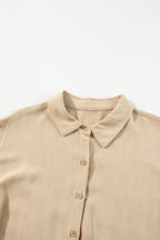 Tan Puff Sleeve Buttoned Tiered Pleated Shirt Mini Dress