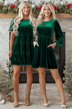 Evergreen Sequin Puff Sleeve High Waist Tiered Velvet Mini Dress