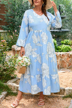 Sky Blue Floral Bracelet Sleeve V Neck Plus Size Tiered Maxi Dress