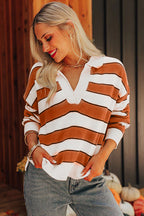 Brown Stripe Ribbed Polo Collar Drop Shoulder Sweater