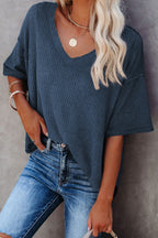 Purple Exposed Seam Half Sleeve Knitted V Neck Textured Top