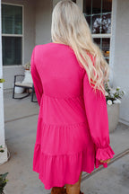 Rose Red Colorful Crochet V Neck Textured Tiered Ruffled Long Sleeve Mini Dress