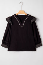 Black Contrast Stitched Detail V Neck Ruffle Long Sleeve Blouse