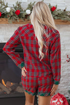 Red Plaid Contrast Patched Christmas Holiday Long Sleeve Shirt and Short 2pcs Pajama Set