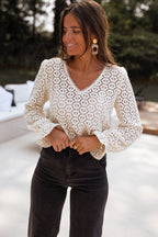 Beige Flower Lace V Neck Ruffled Sleeve Top
