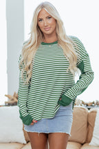 Green Stripe Thermal Knit Drop Shoulder Casual Top