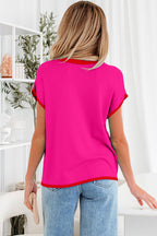Rose Red Contrast Trim Round Neck Short Sleeve Loose Knit Sweater