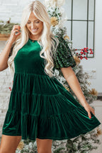 Evergreen Sequin Puff Sleeve High Waist Tiered Velvet Mini Dress