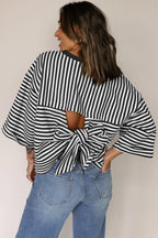 Black Stripe Bowknot Cutout Back Drop Shoulder Wide Bracelet Sleeve Loose Tee
