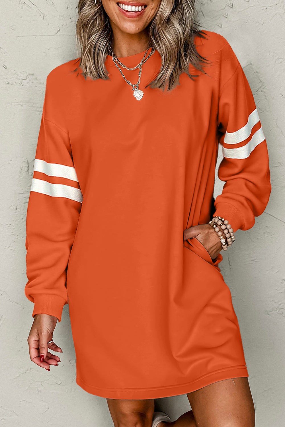 Tillandsia Purple Varsity Contrast Banded Sleeve Shift Sweatshirt Dress