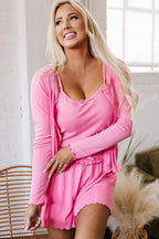 Bonbon Delicate Texture Cropped Cami Shorts and Cardigan 3pcs Lounge Set