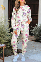 Apricot Floral Print Pullover Drawstring Lounge Pants Set