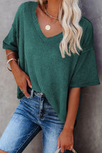 Purple Exposed Seam Half Sleeve Knitted V Neck Textured Top