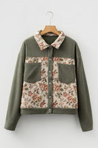 Medium Grey Ribbed Retro Floral Patchwork Shirt Style Jacket