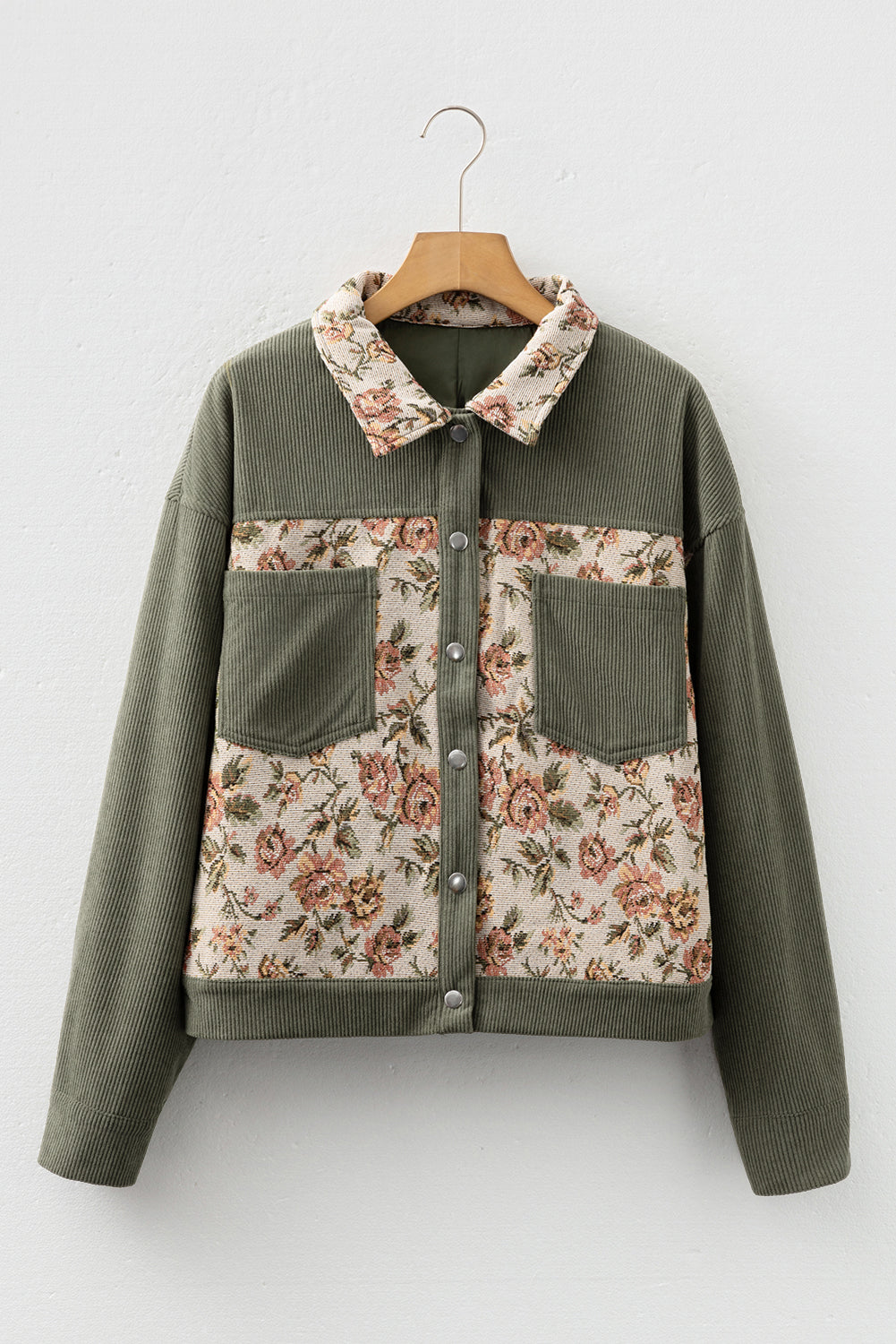 Medium Grey Ribbed Retro Floral Patchwork Shirt Style Jacket