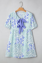 Sky Blue Leopard Contrast Bow Puff Sleeve Mini Dress