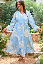 Sky Blue Floral Bracelet Sleeve V Neck Plus Size Tiered Maxi Dress