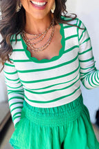 Black white Scalloped Trim U Neck Striped Ribbed Slim Sweater