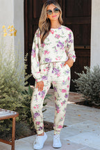 Apricot Floral Print Pullover Drawstring Lounge Pants Set