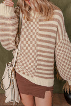 Khaki Stripe Checkerboard Drop Shoulder Balloon Sleeve Sweater