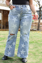 Sky Blue Star Printed Multi Buttons Slit Knee Destroyed Plus Size Jeans