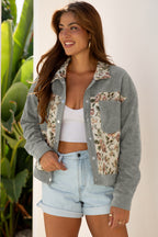 Medium Grey Ribbed Retro Floral Patchwork Shirt Style Jacket