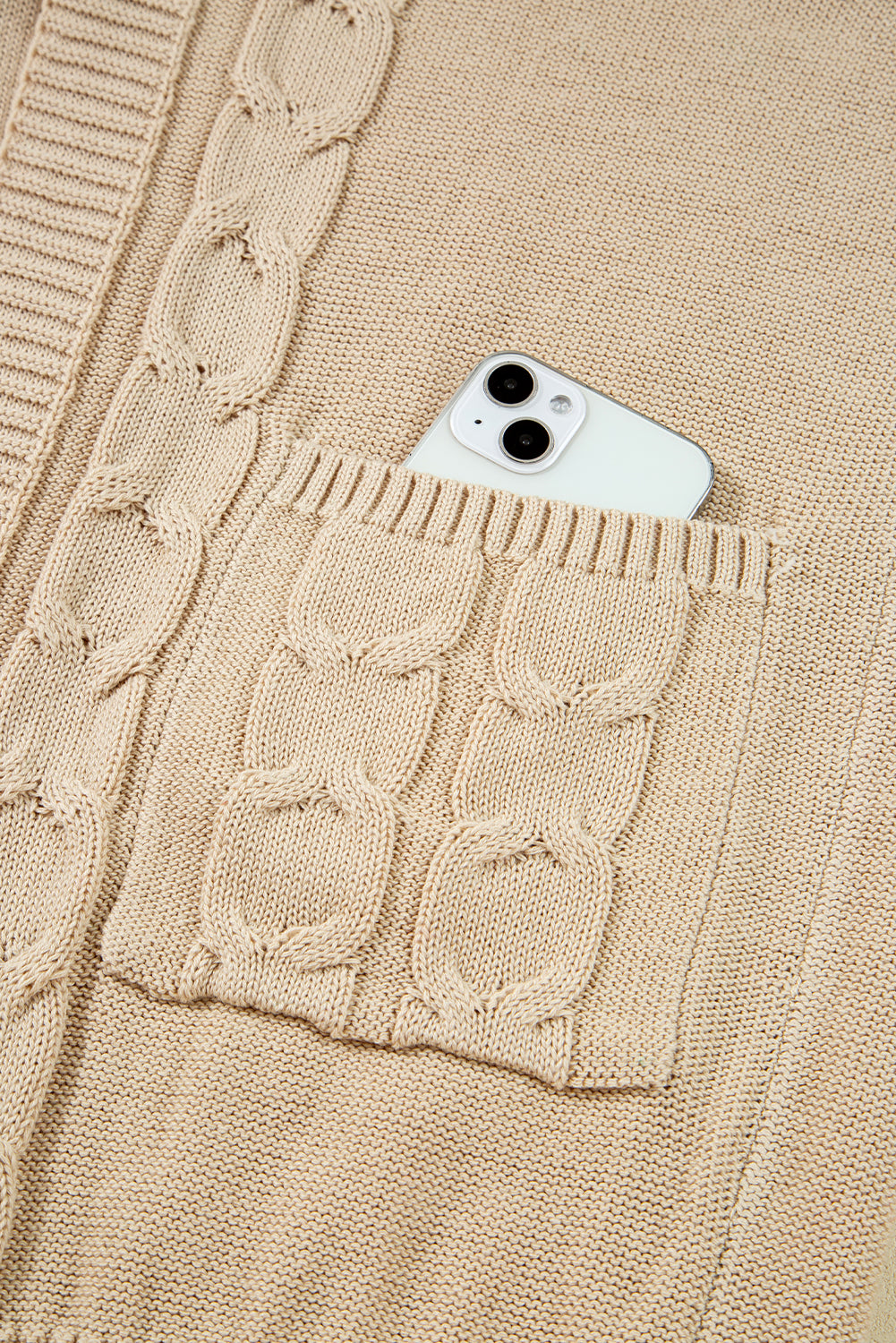 Parchment Cable Knit Braided Tie Sleeve Plus Size Open Cardigan