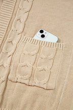 Parchment Cable Knit Braided Tie Sleeve Plus Size Open Cardigan