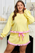 Yellow Contrast Plaid Ruffle Patchwork Pullover Top and Shorts Plus Size Set