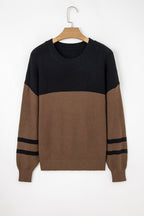 Dark Brown Color Block Knit Striped Sleeve Detail Casual Sweater