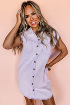 Orchid Petal Short Sleeve Double Chest Pocket Denim Shirt Dress