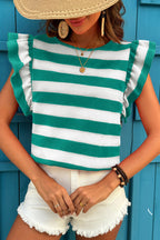 Black Stripe Flutter Sleeve Round Neck T Shirt