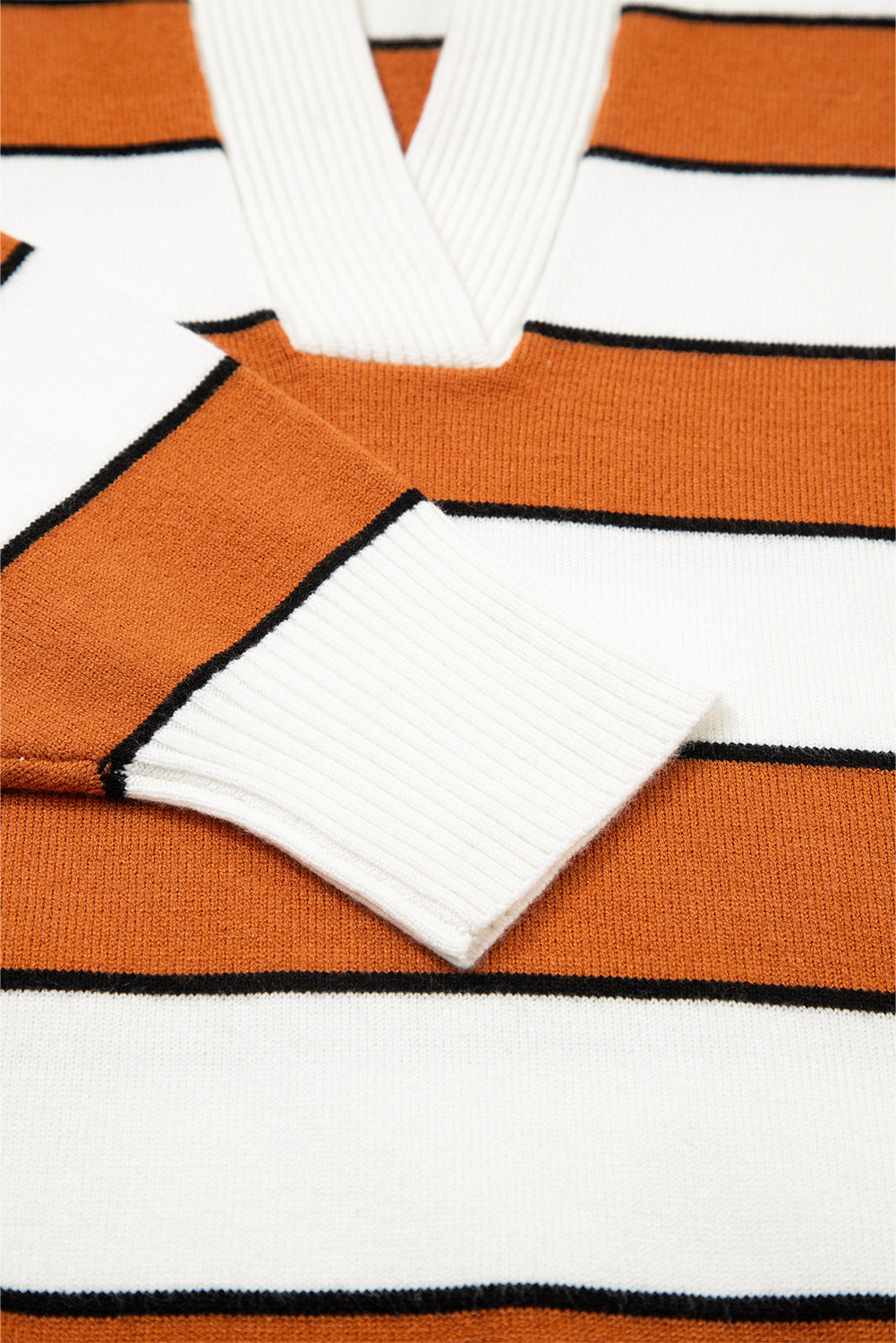 Brown Stripe Ribbed Polo Collar Drop Shoulder Sweater