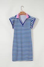 Dark Blue Stripe Print Contrast Collar Split Neck Flutter Sleeve Short Dress