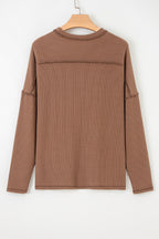 Dark Khaki Twist Ribbed Exposed Seam Detail Long Sleeve Loose Top