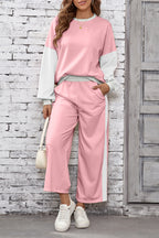 Blackish Green 2pcs Color Block Pullover Loose Pant Set
