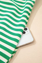 Green Stripe Print Contrast Collar Split Neck Flutter Sleeve Short Dress