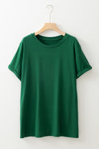Dark Green Round Neck Rolled Sleeve Plus Size T-shirt