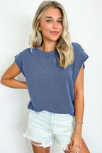 Gray Twisted Rib Wide Sleeve Crew Neck T Shirt