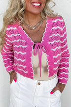 Pink Stripe Crochet Scalloped Trim Lace-up Front Cropped Cardigan