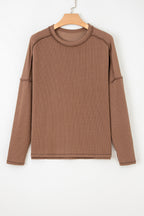 Dark Khaki Twist Ribbed Exposed Seam Detail Long Sleeve Loose Top