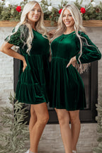 Evergreen Sequin Puff Sleeve High Waist Tiered Velvet Mini Dress